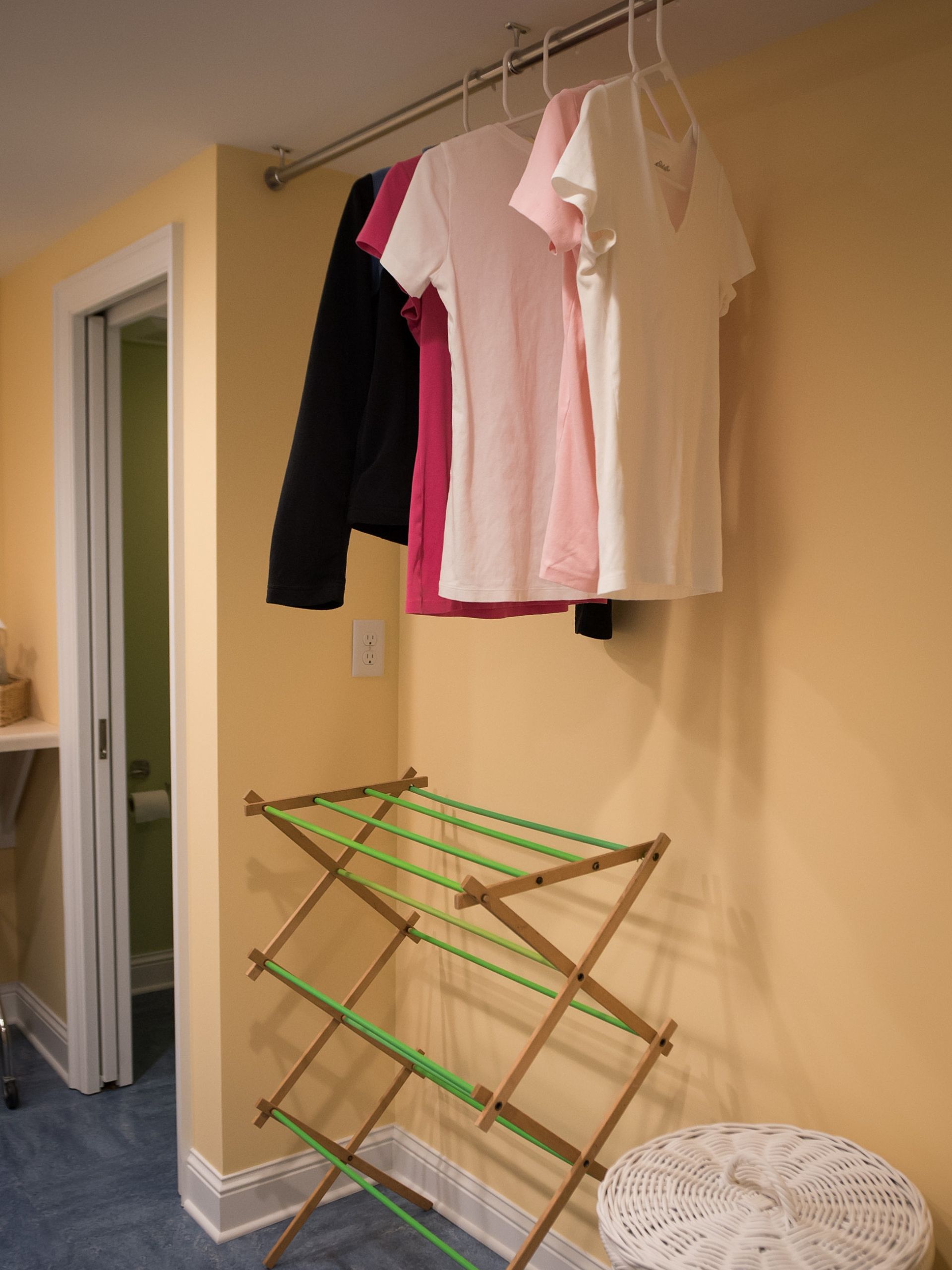 hanging and drying rack in the basement laundry room