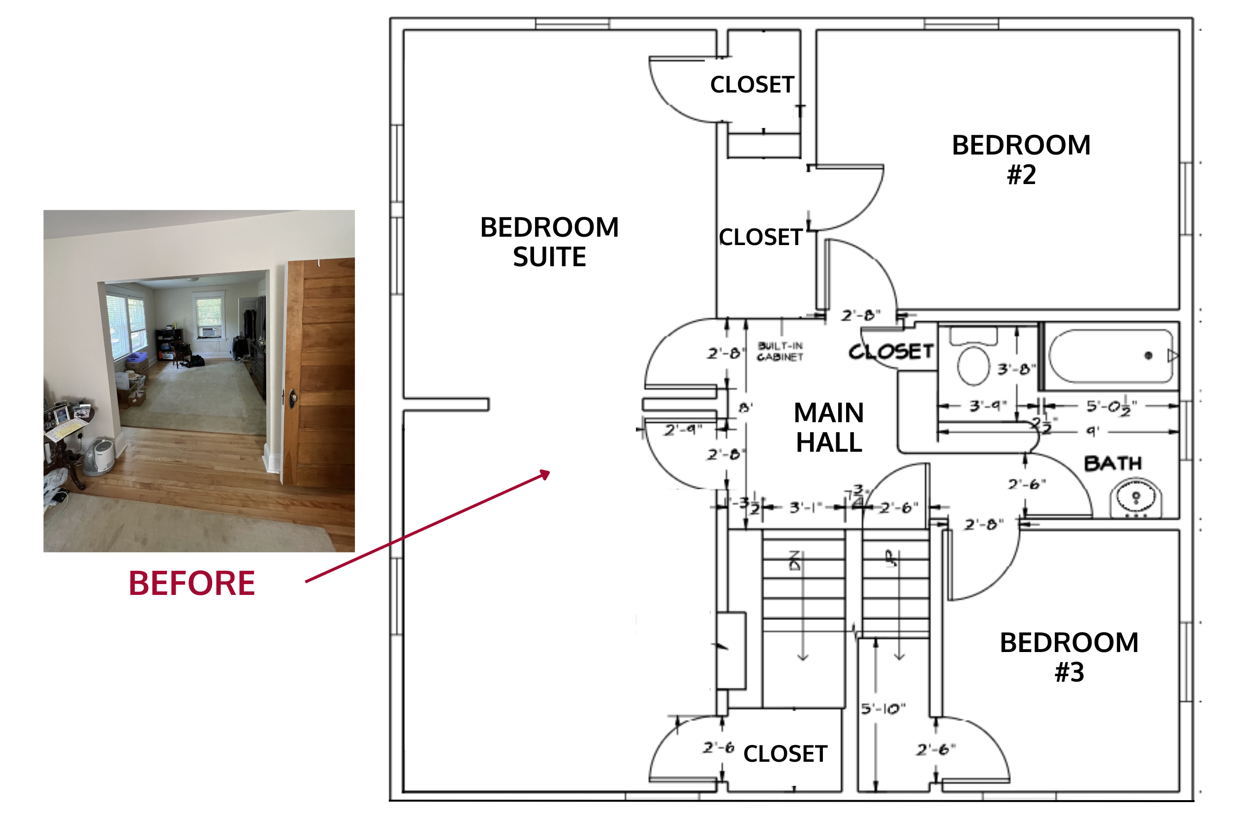 before floor plan with a picture of the old bedroom suite